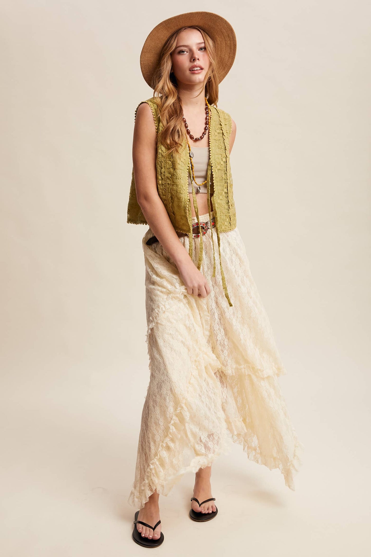 Embroidered Lace Tie-Front Vest