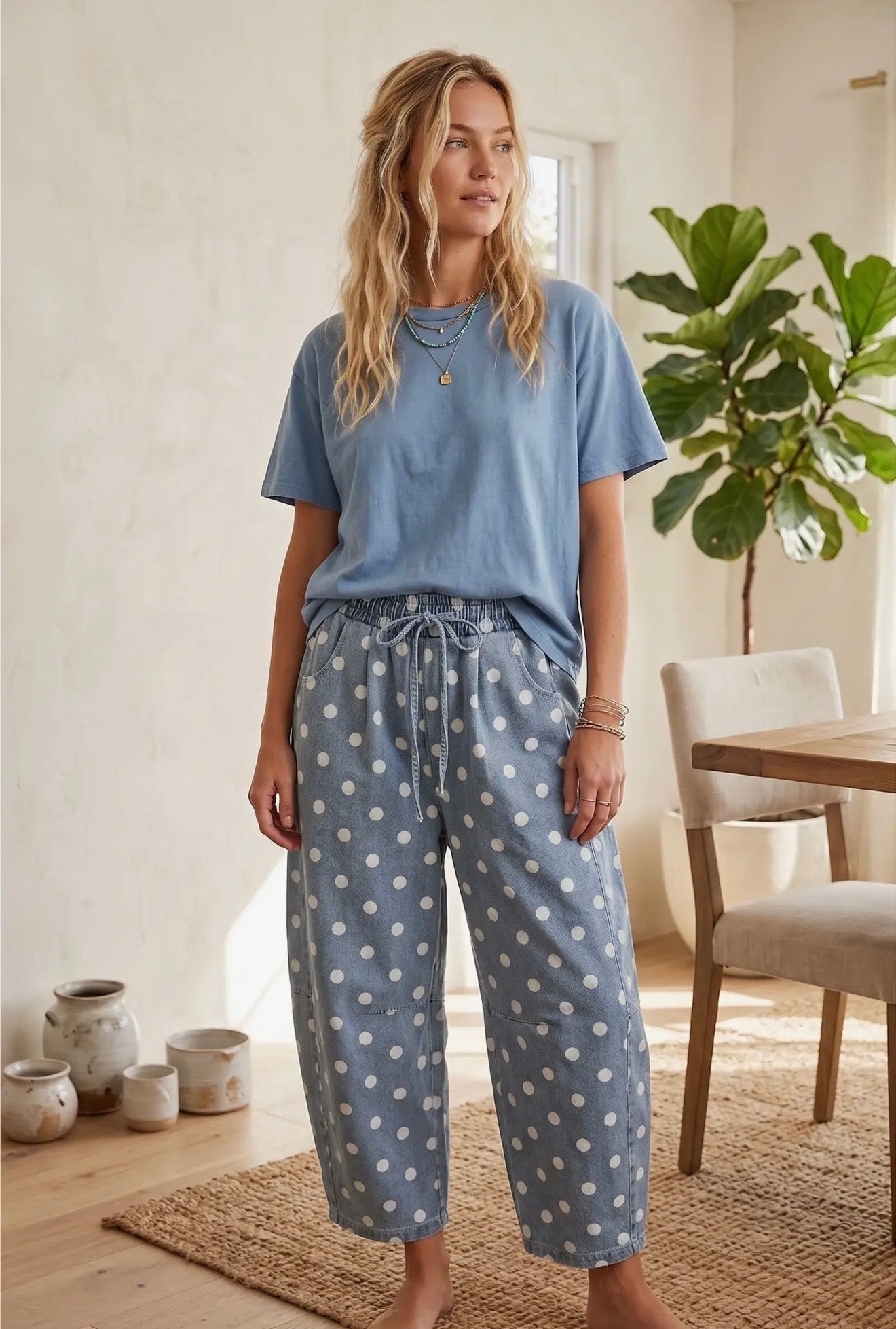 Light Wash Polka Dot Denim Barrel Pants