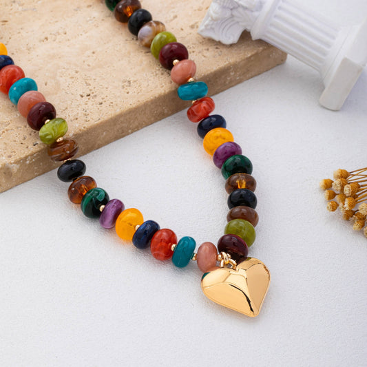 Multicolor Rondelle Bead Heart Pendant Necklace