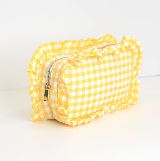 Gingham Ruffle Zipper Pouch Cosmetic Bag