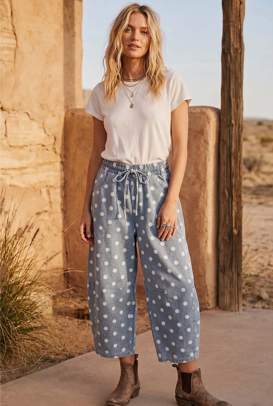 Light Wash Polka Dot Denim Barrel Pants