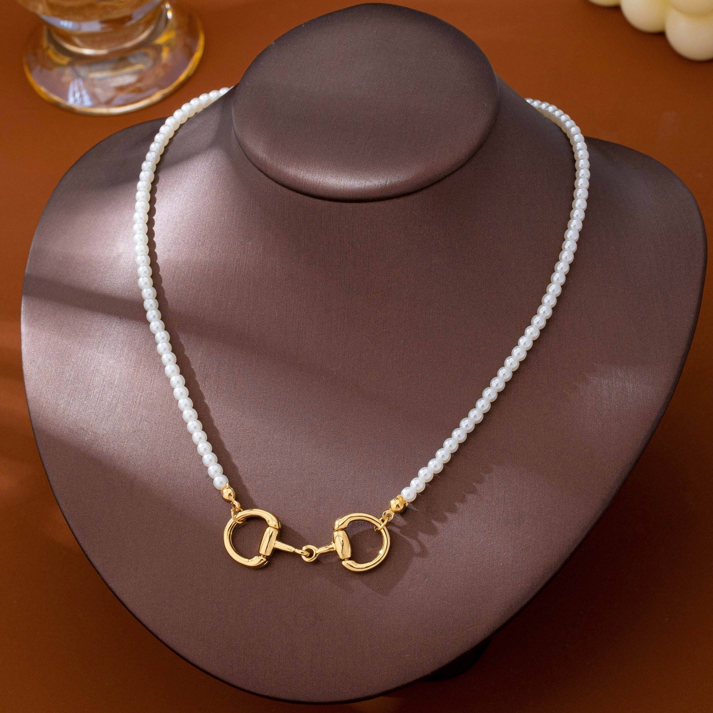 Horsebit Centerpiece Faux Pearl Strand Necklace