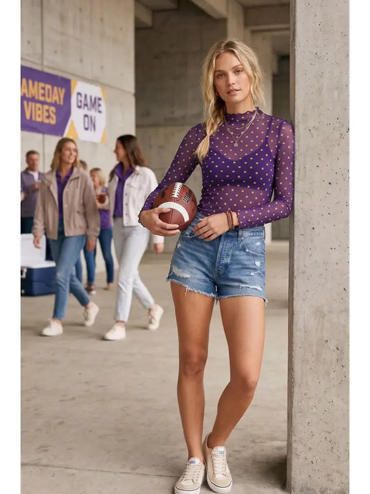Polka Dot Mesh Long Sleeve Top