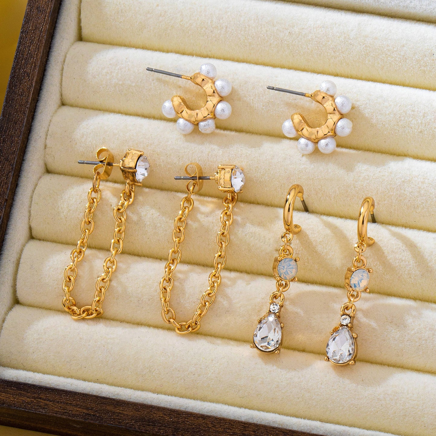 Pearl Hoop Crystal Drop Chain Trio Earring Set