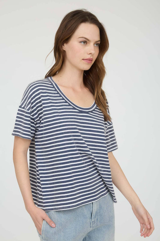 Navy Washed Stripe Short Sleeve Scoop Knit Top