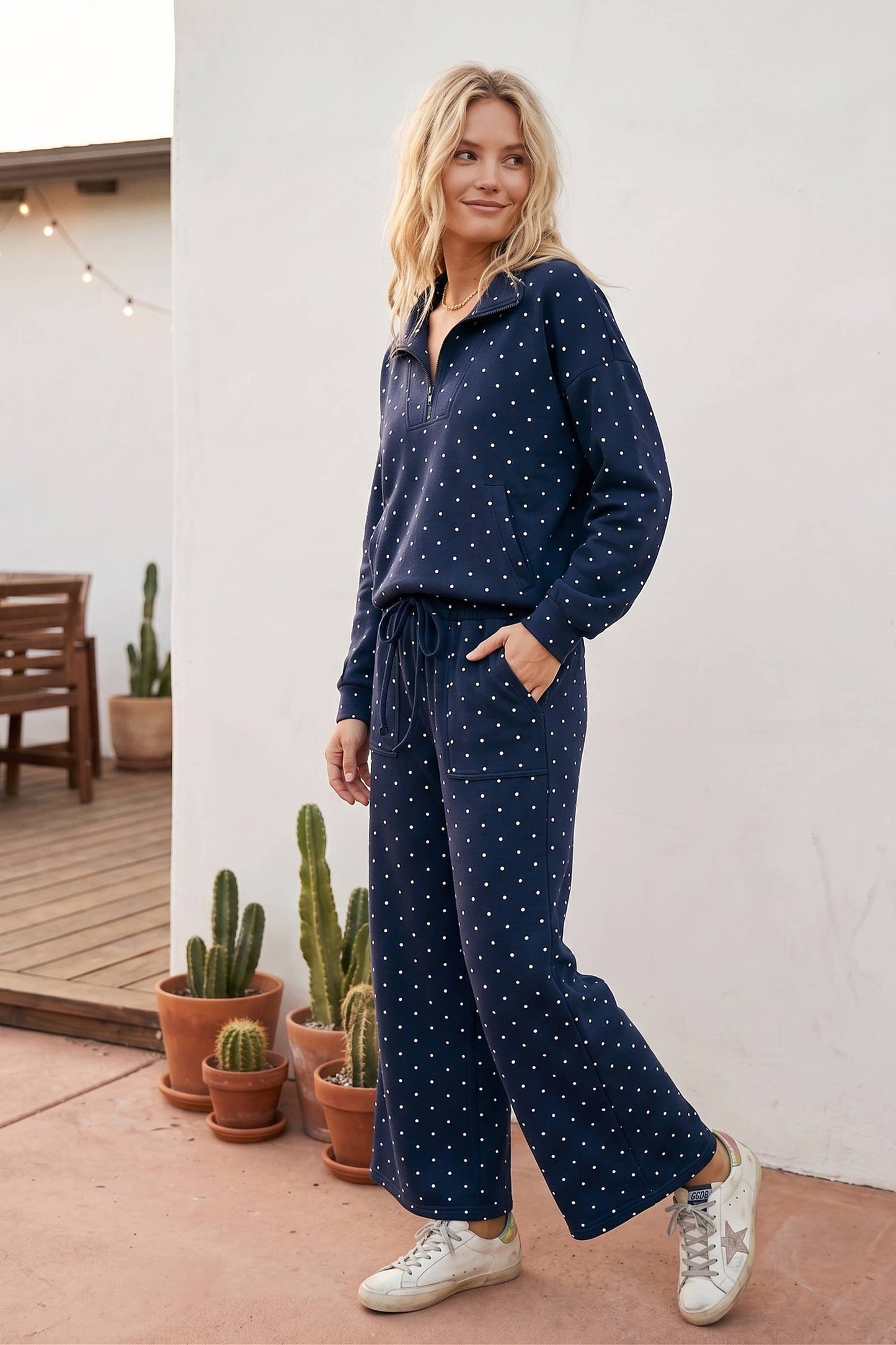 Scuba Polka Dot Half Zip Pullover & Wide Leg Pants Set