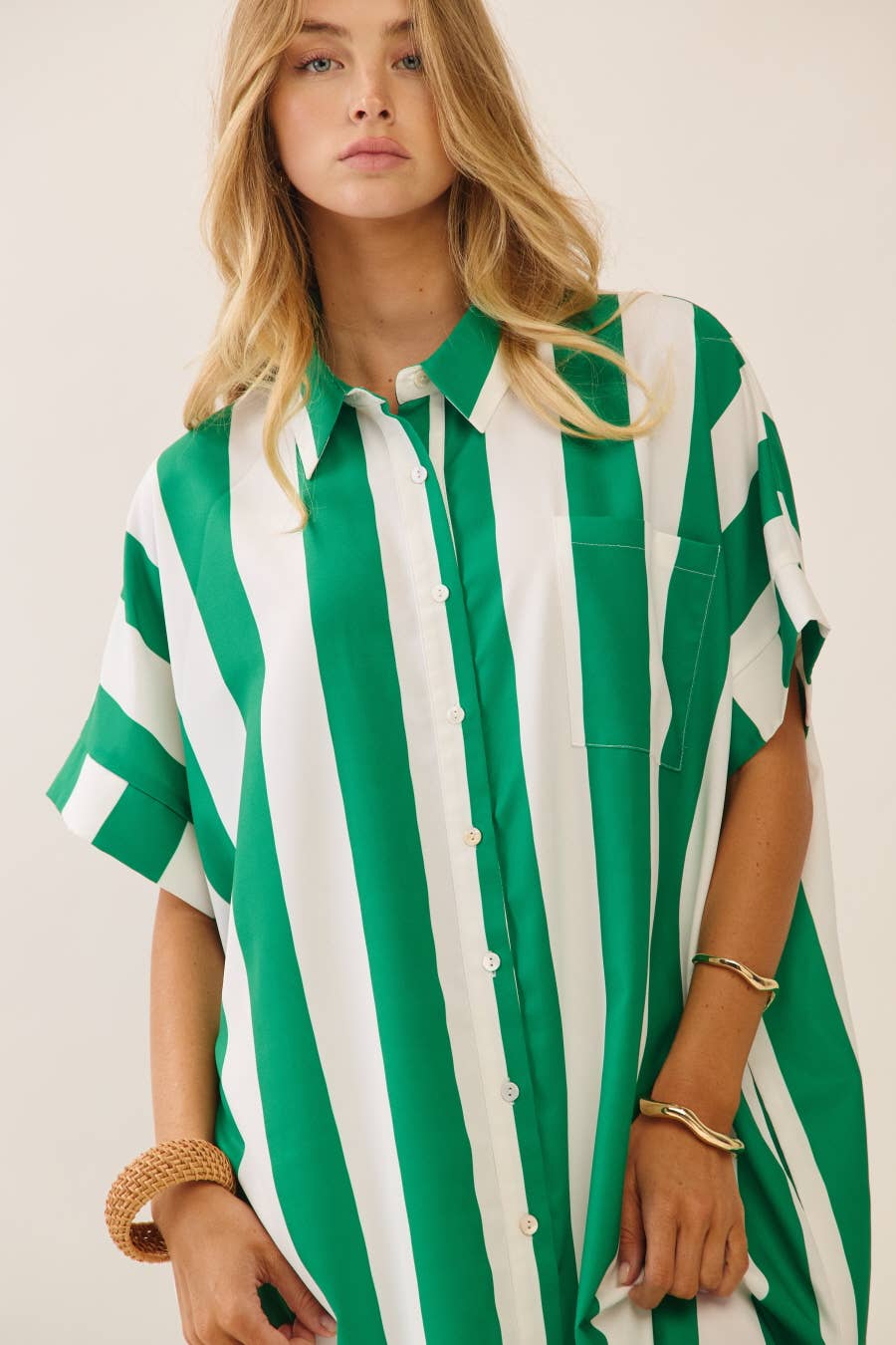 Vertical Stripe Short Sleeve Button-Up Shirt Dress
