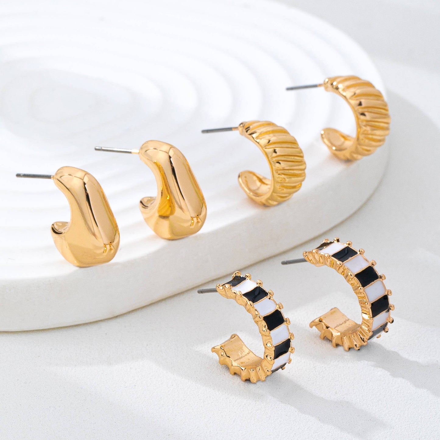 Checker Textured Huggie Hoop Trio Earring Set