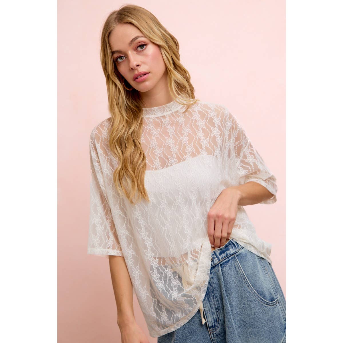 Floral Pattern Short Sleeve Mesh Top