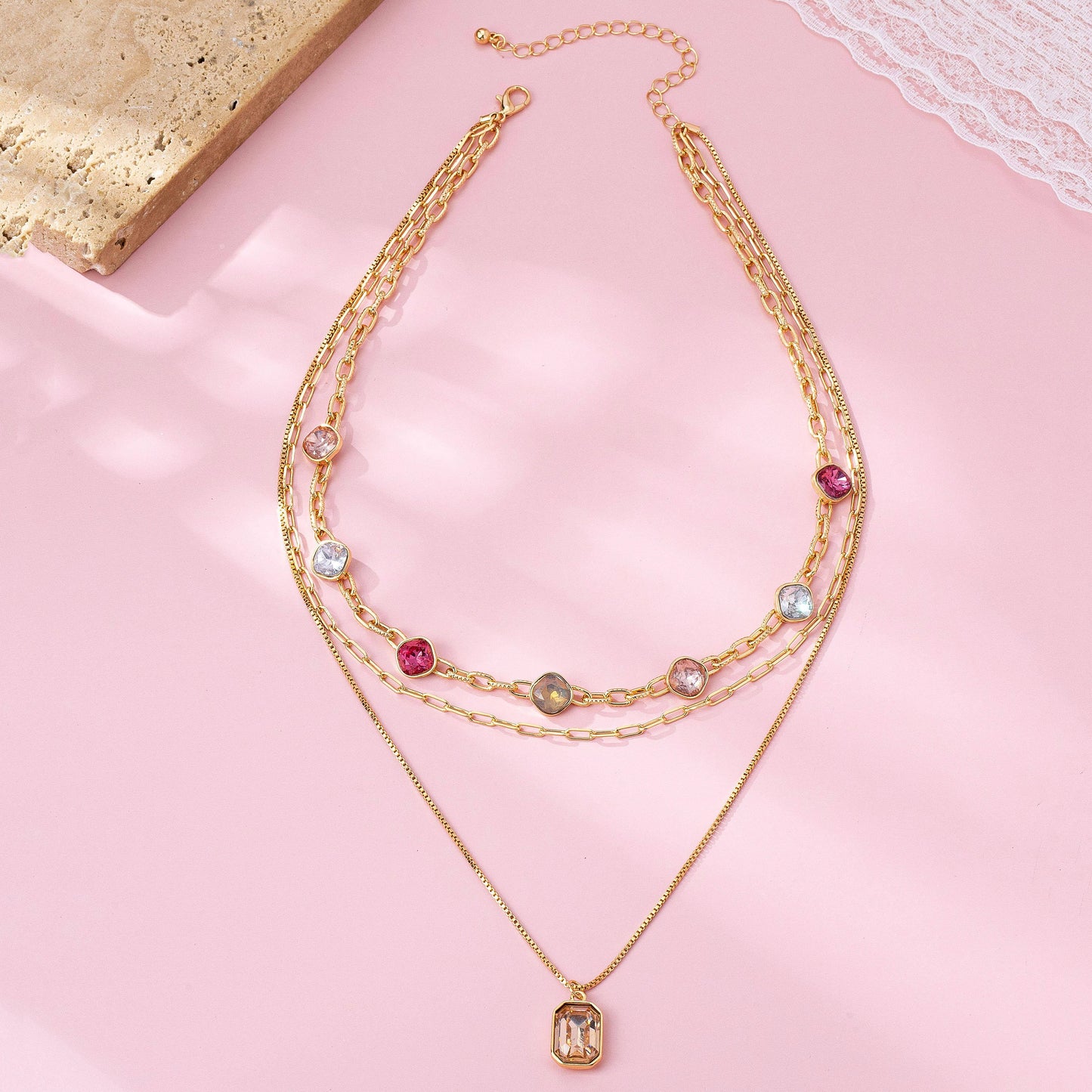Oval Stone Beaded Ball Multi Layer Chain Necklace