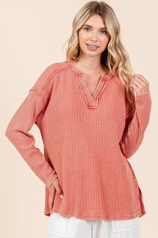 Mineral Wash Waffle Knit V-Neck Long Sleeve Top