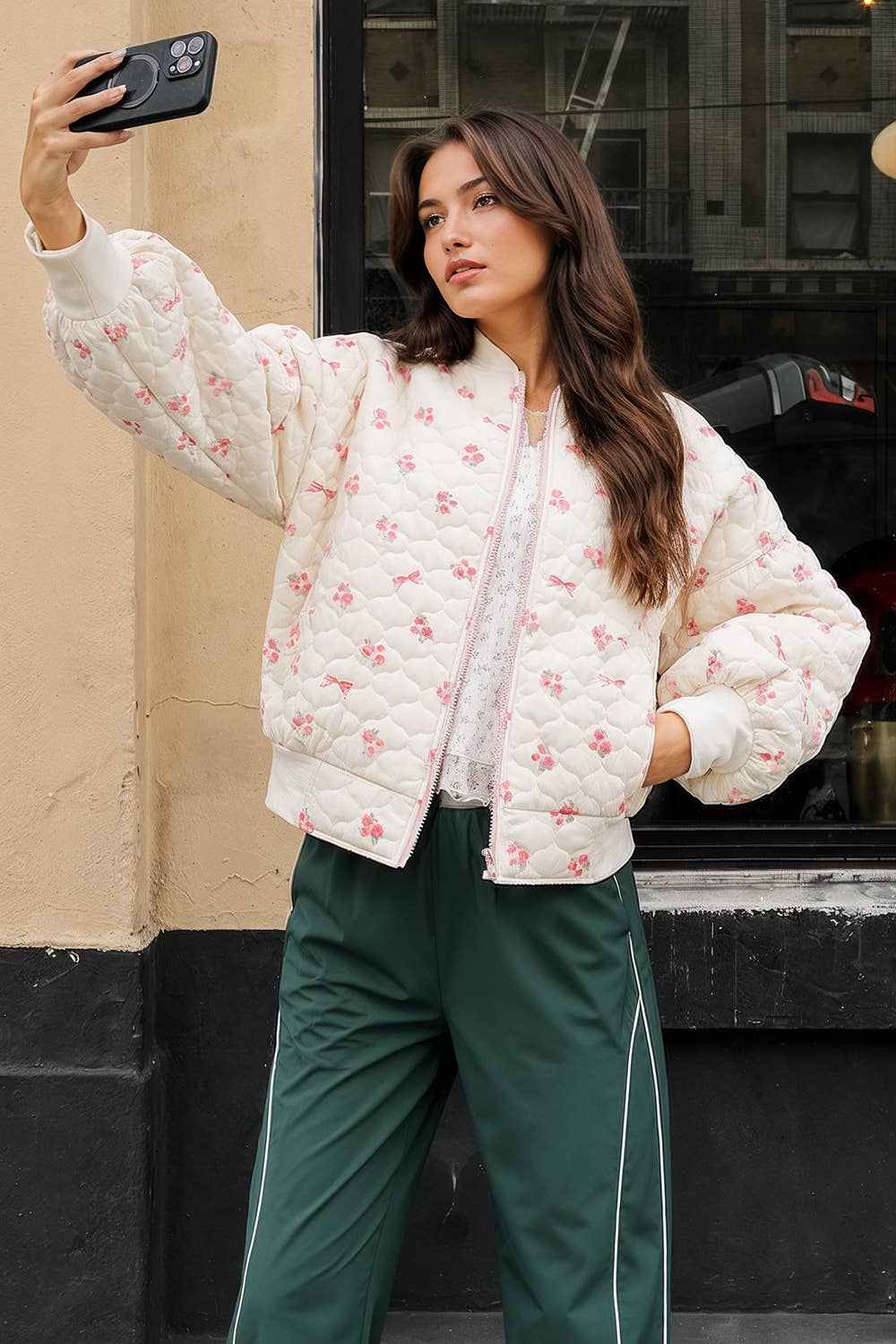 Floral Printed Quilted Oversized Casual Jacket
