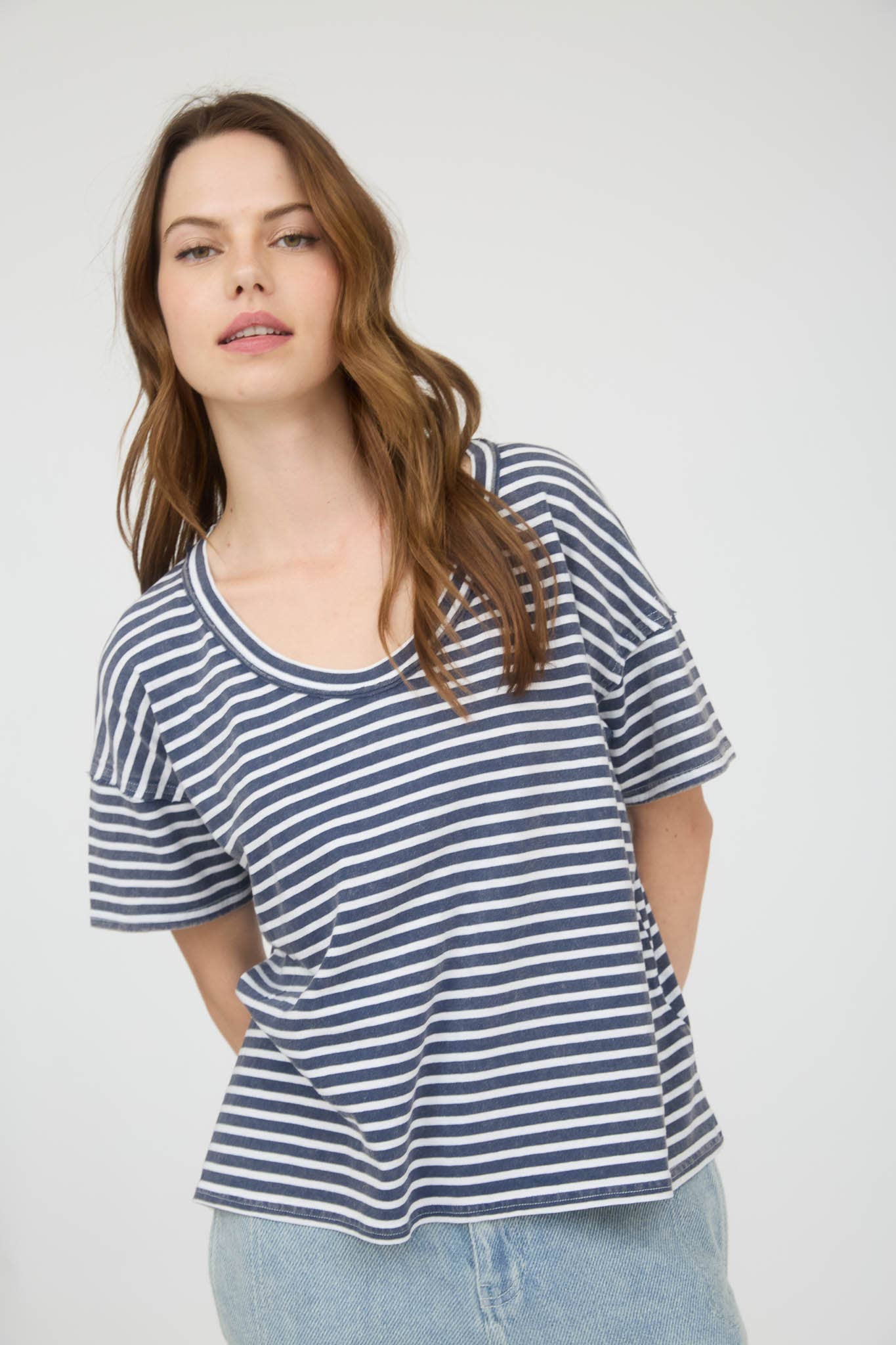 Navy Washed Stripe Short Sleeve Scoop Knit Top