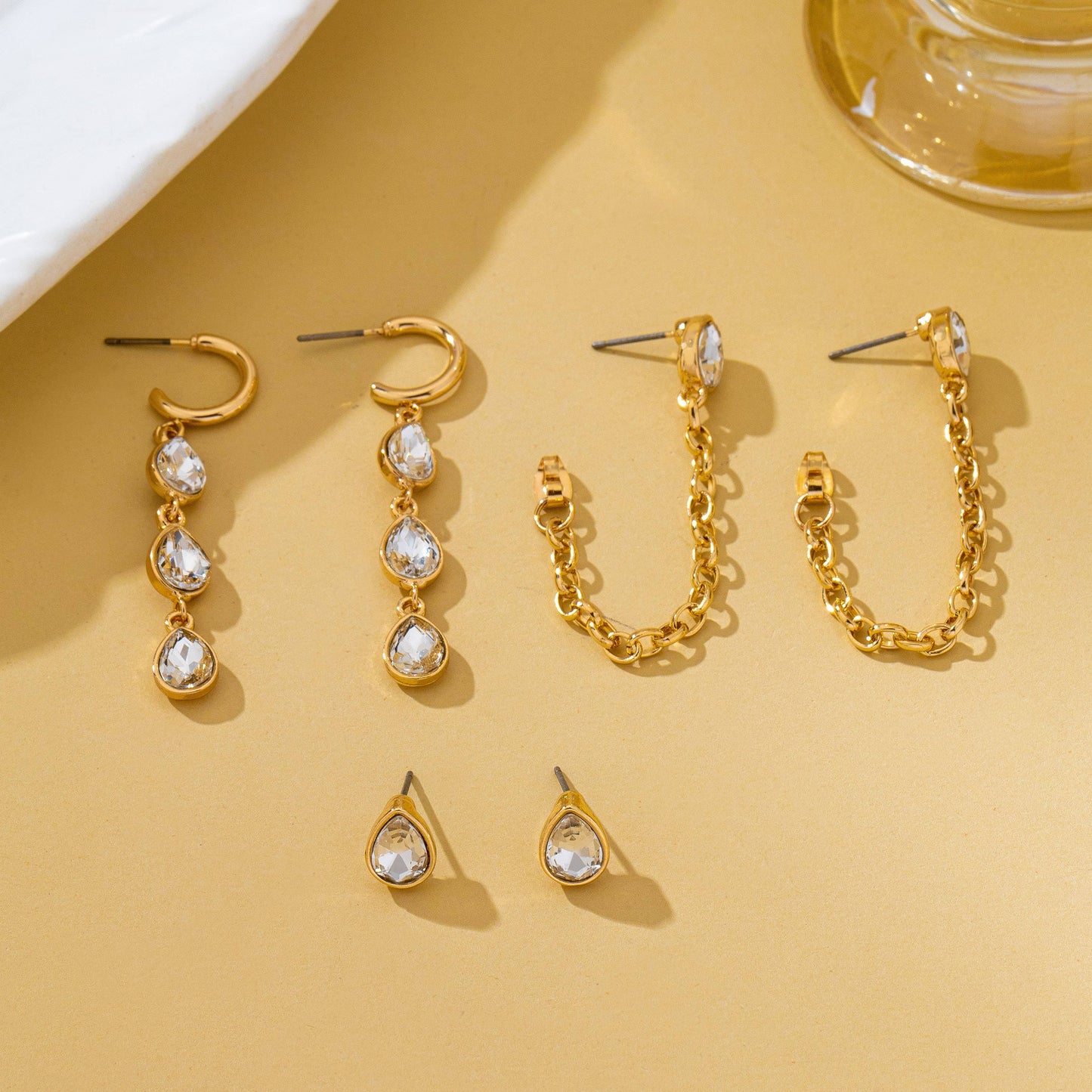 Teardrop Crystal Chain Hoop Drop Trio Earring Set