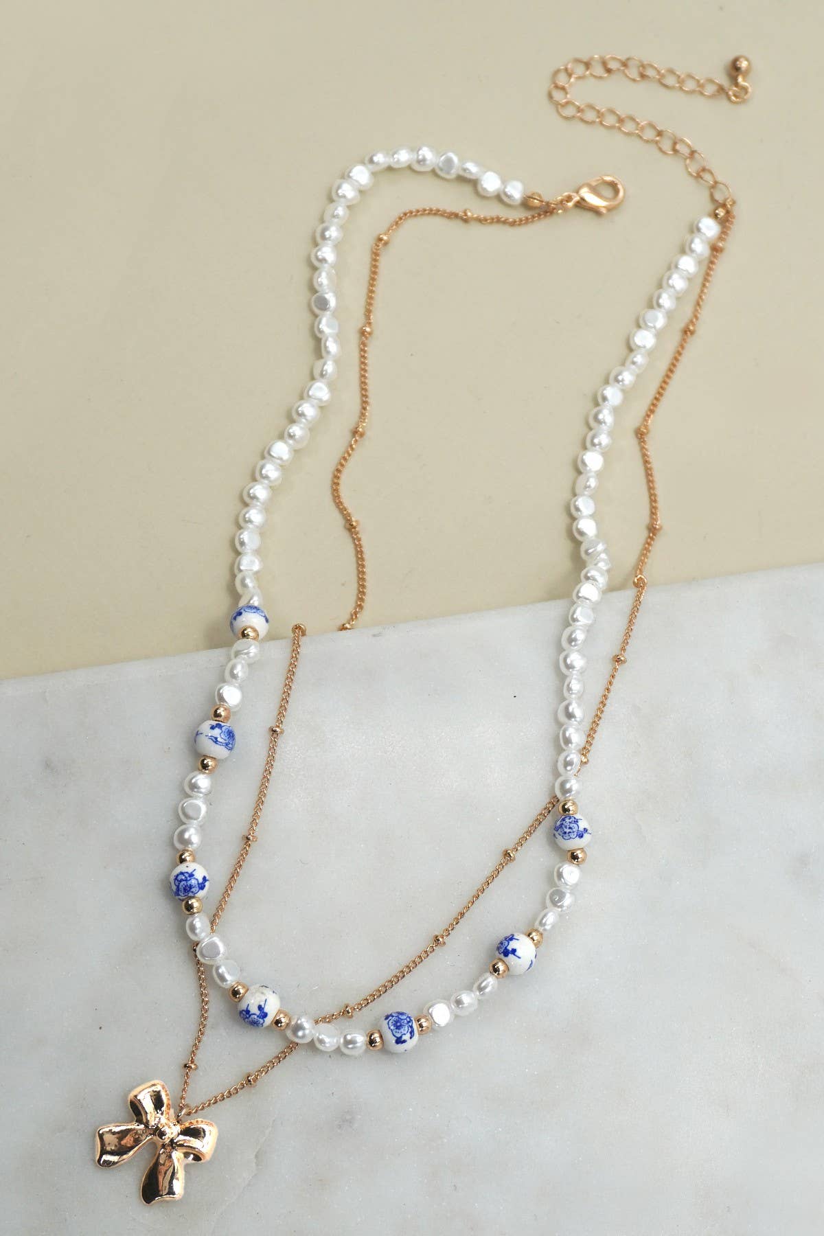 Blue Ceramic Porcelain Pearl Mix with Layered Bow Charm Chain Necklace