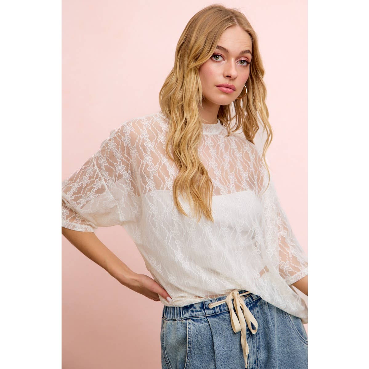 Floral Pattern Short Sleeve Mesh Top