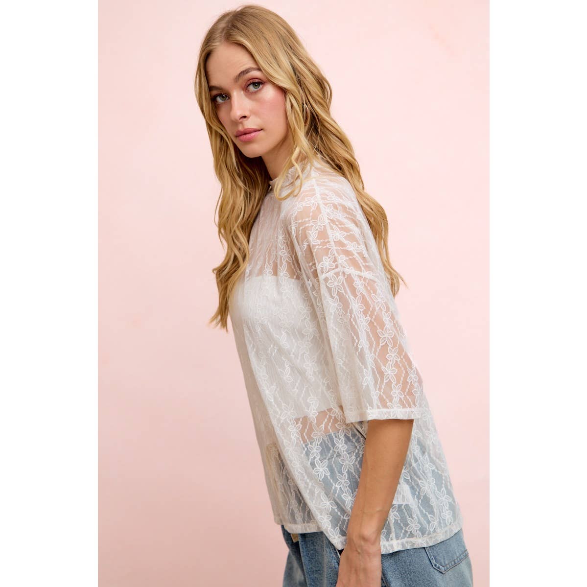 Floral Pattern Short Sleeve Mesh Top
