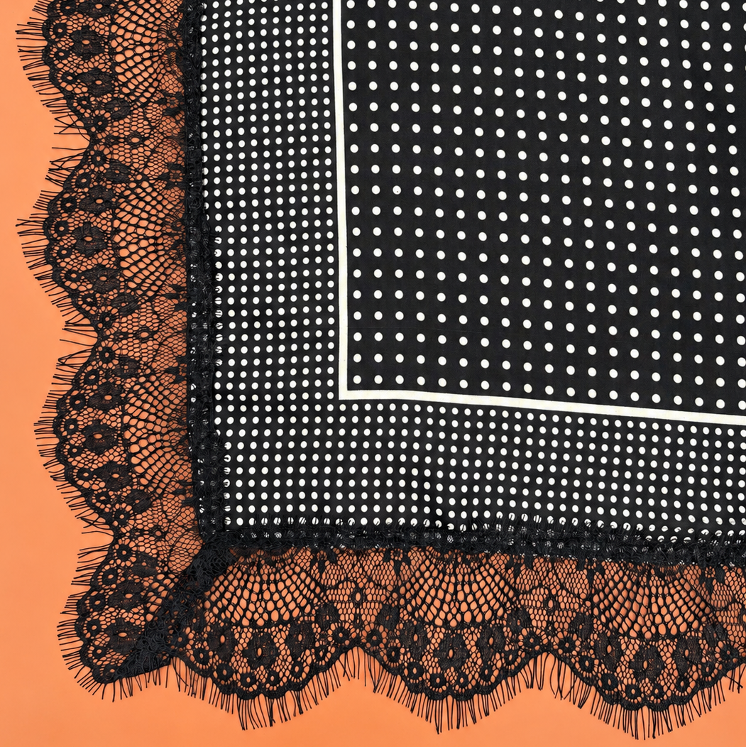 Patterned Silk-Feel Lace Trim Square Scarf