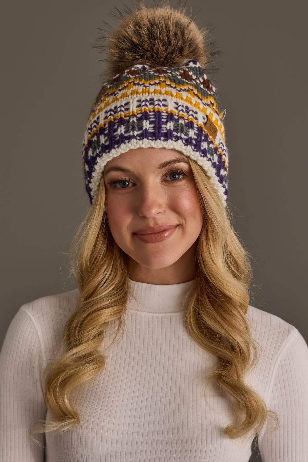 Ivory, Purple & Gold Patterned Pom Hat