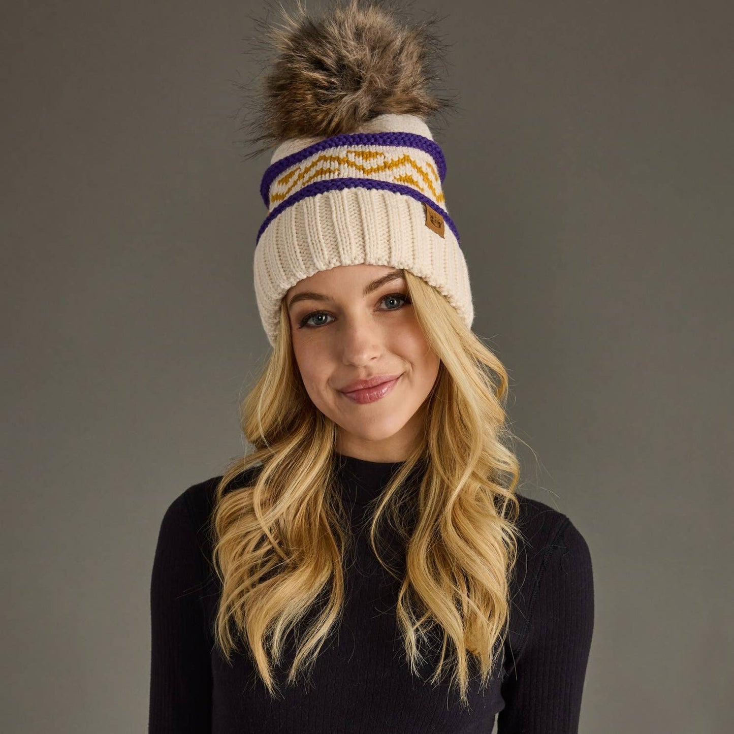 Cream, Purple & Gold Patterned Pom Hat