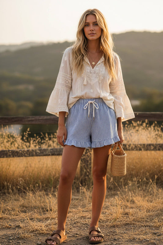 Checkered Woven Ruffle Hem Shorts