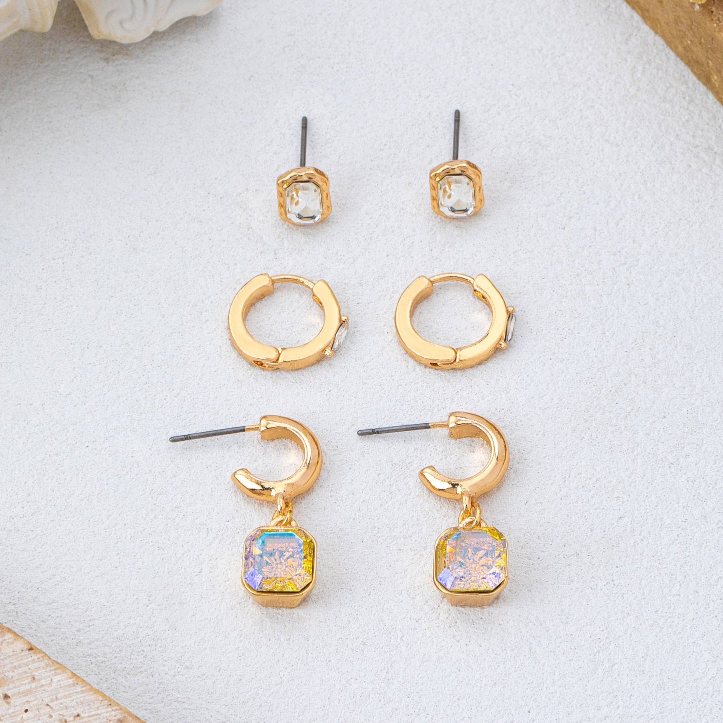 Whimsical Crystal Glass Huggie & Stud Earring Set
