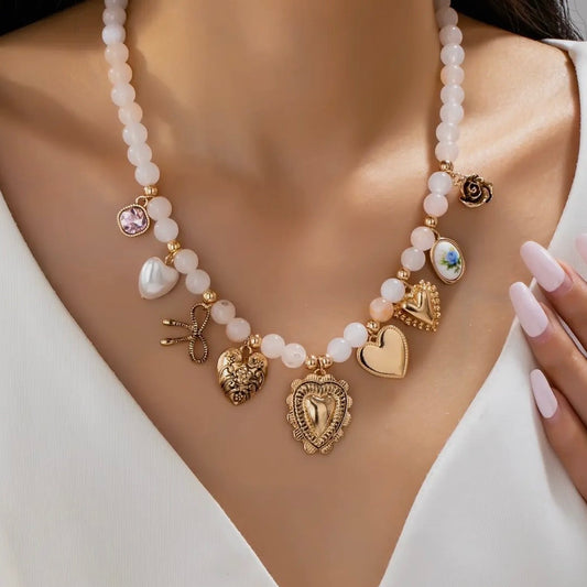 White Beaded Porcelain Heart Multi-Charm Necklace