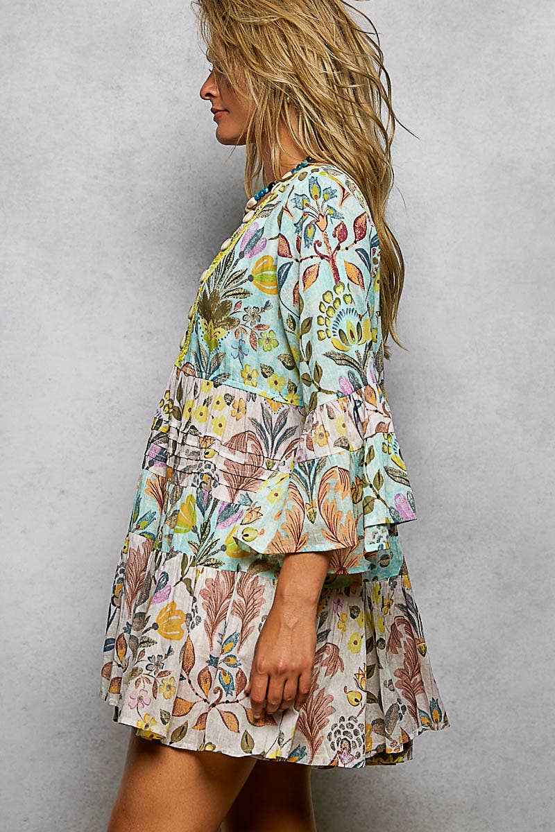 V-neck Seashell Shape Printed Woven Dress