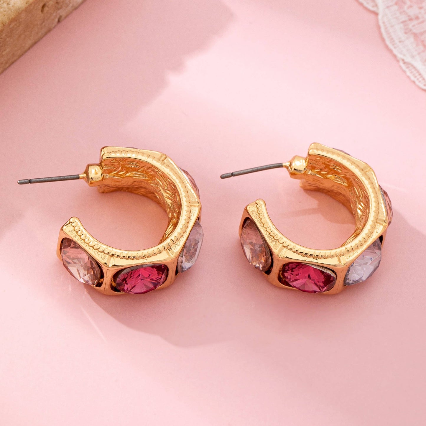 Gold-Tone Multi Color Gem Crystal Hoop Earrings
