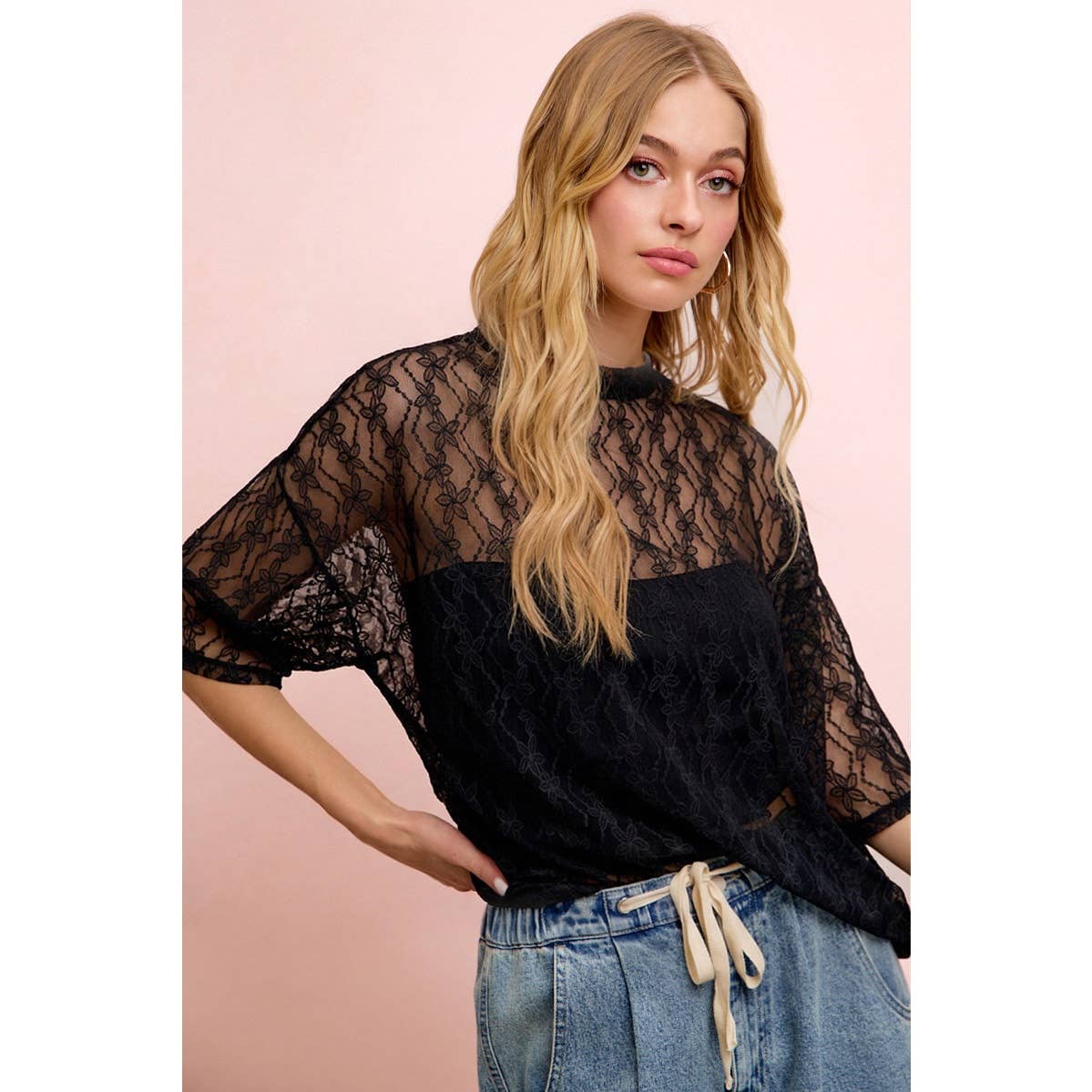 Floral Pattern Short Sleeve Mesh Top
