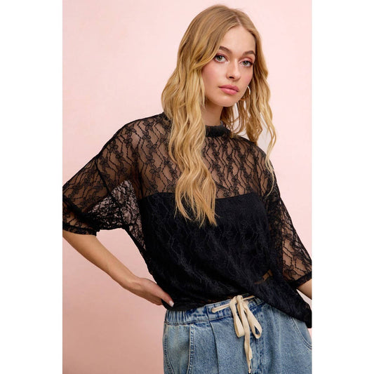 Floral Pattern Short Sleeve Mesh Top