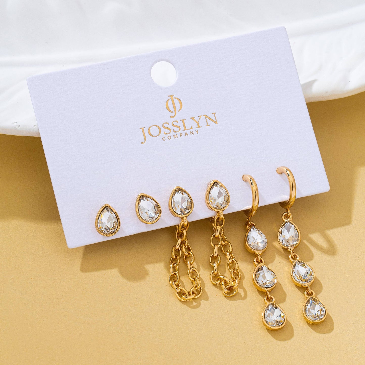 Teardrop Crystal Chain Hoop Drop Trio Earring Set