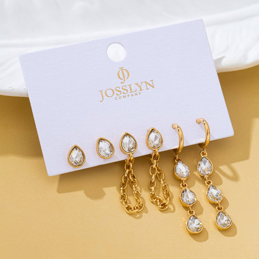 Teardrop Crystal Chain Hoop Drop Trio Earring Set