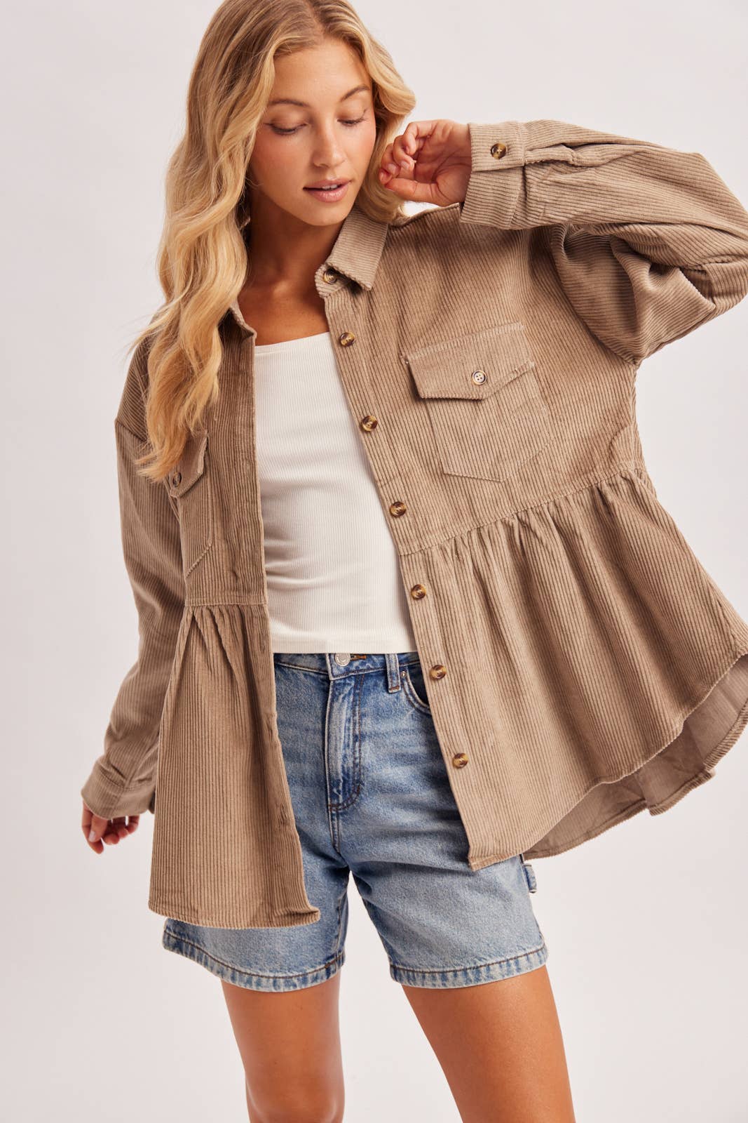 Corduroy Peplum Button Down Shacket
