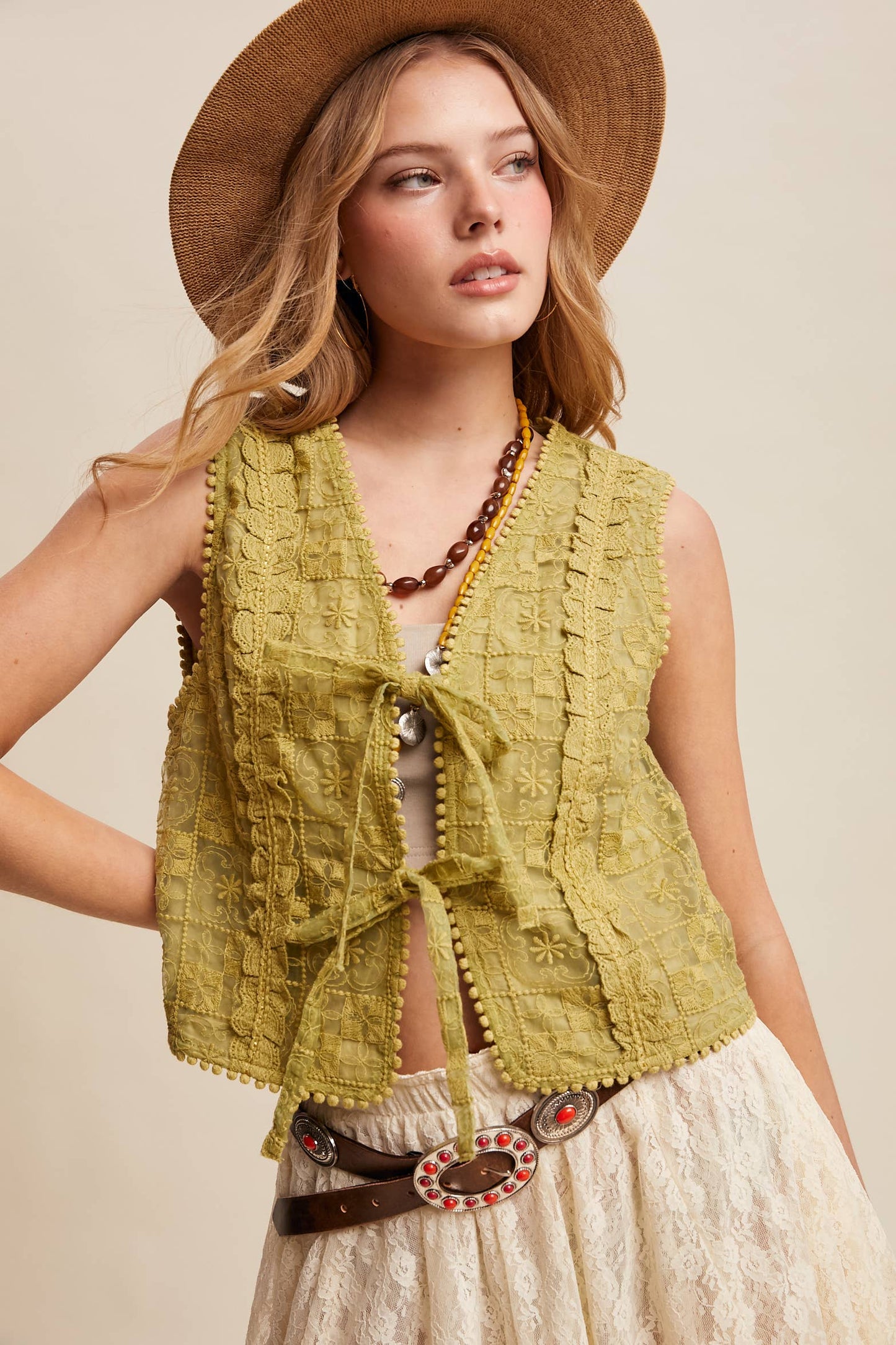Embroidered Lace Tie-Front Vest