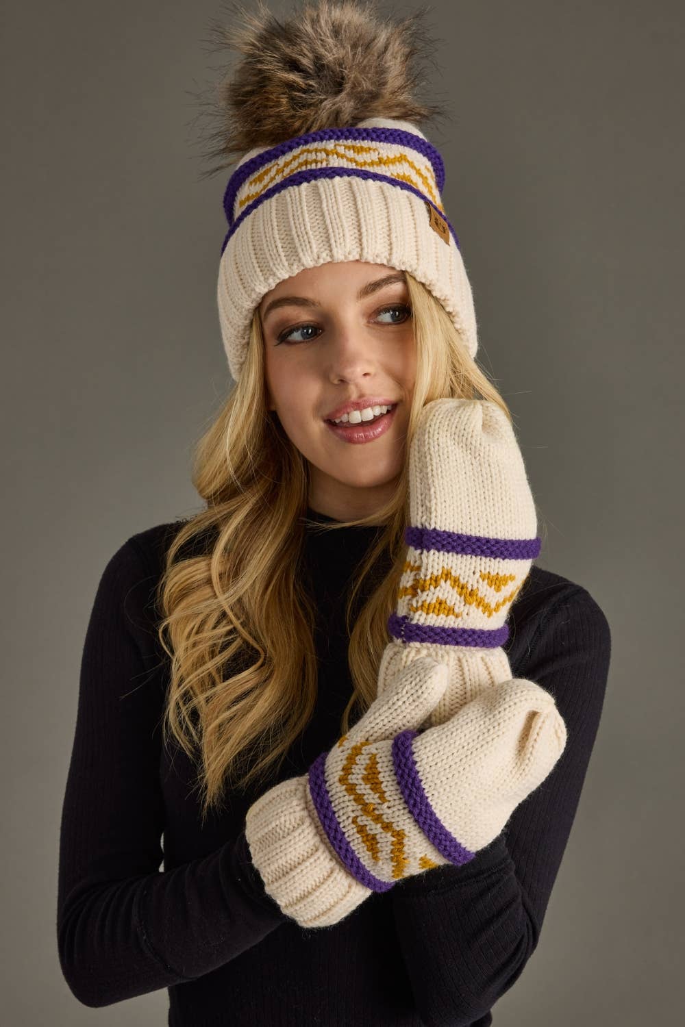 Cream, Purple & Gold Patterned Pom Hat