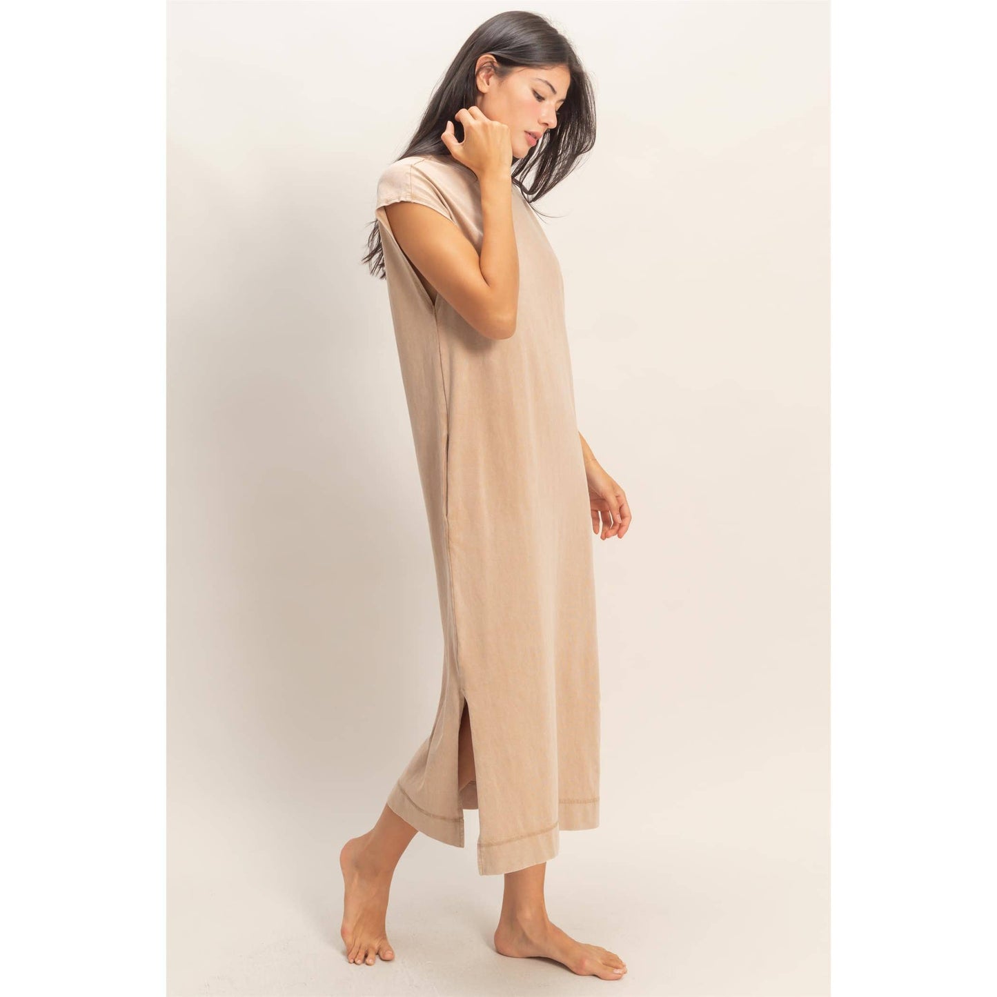 Chocolate Brown Mineral Wash Cap Sleeve Midi Dress