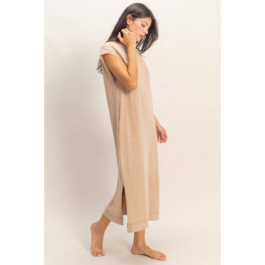 Chocolate Brown Mineral Wash Cap Sleeve Midi Dress