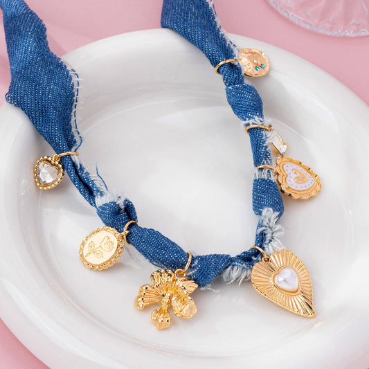 Distressed Denim Heart Floral Charm Necklace