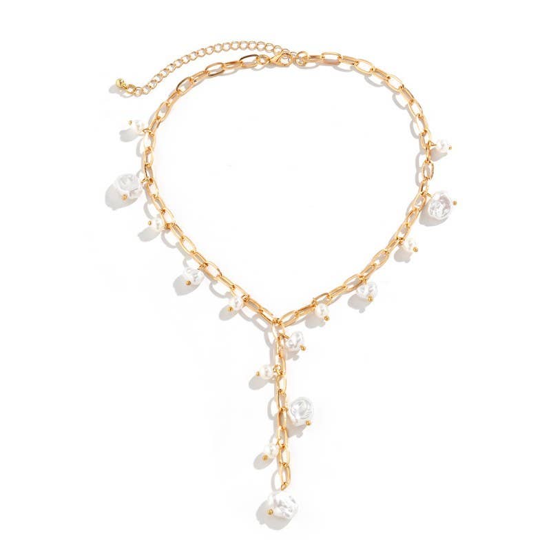 Boho Y-Neck Pearl Station Cross Necklace