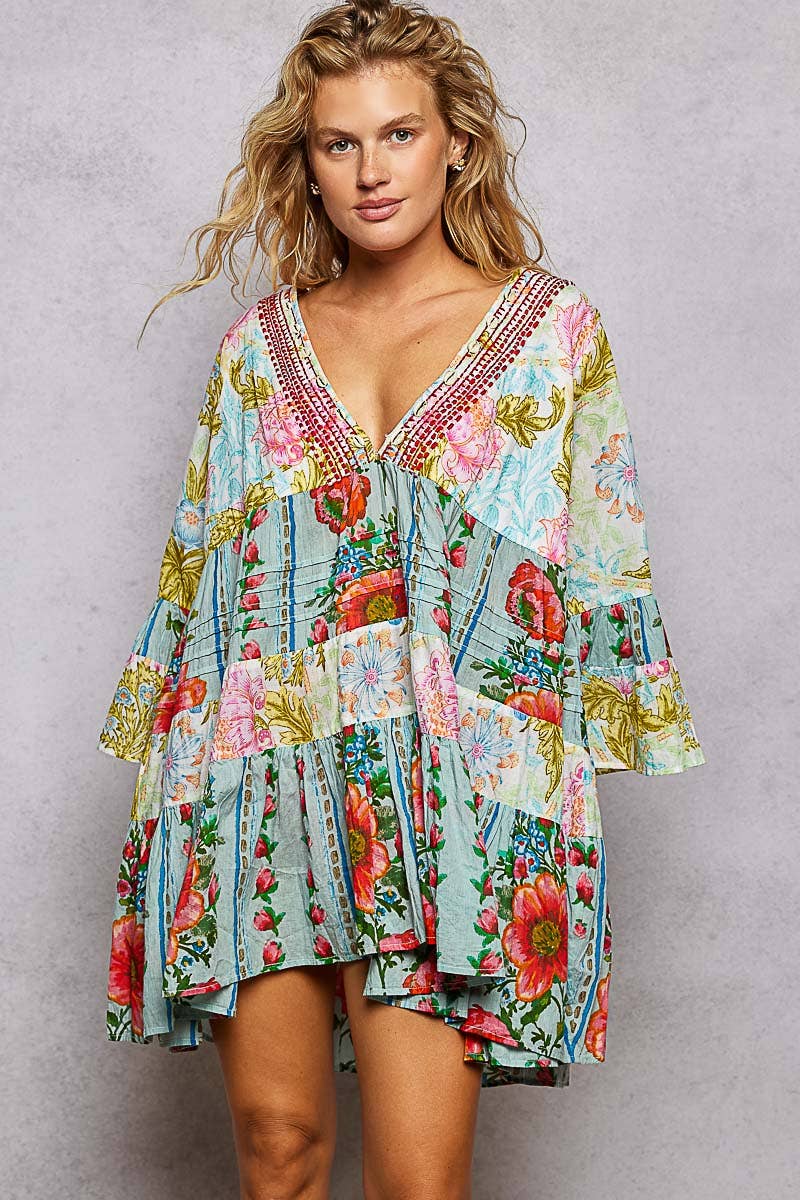 V-neck Seashell Shape Printed Woven Dress