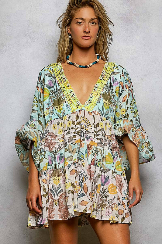 V-neck Seashell Shape Printed Woven Dress