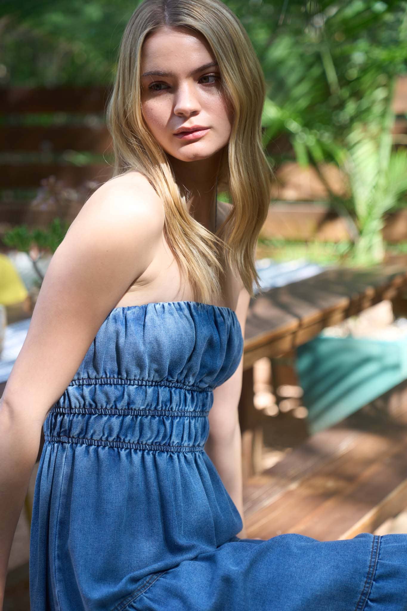 Strapless Tiered Denim Midi Sundress