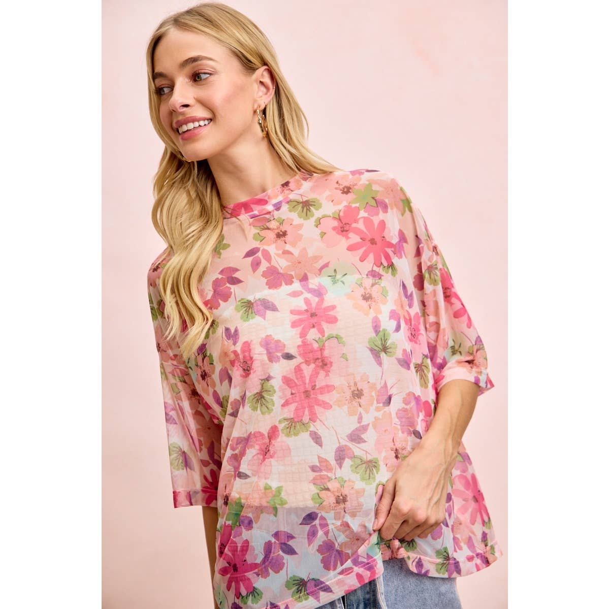 Floral Print Mesh Over Sized Top