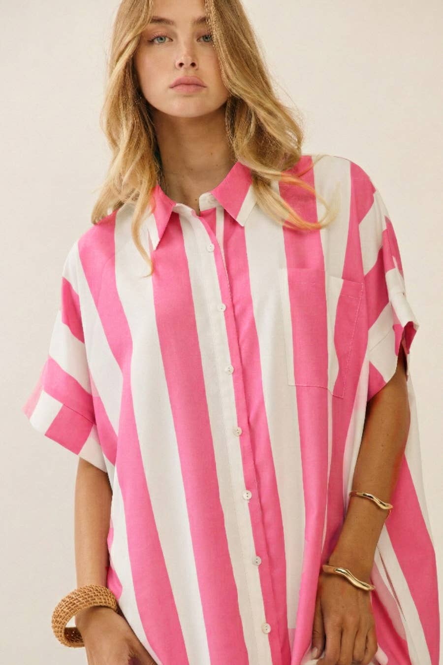 Vertical Stripe Short Sleeve Button-Up Shirt Dress