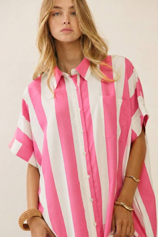 Vertical Stripe Short Sleeve Button-Up Shirt Dress
