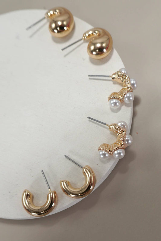 Trio Huggie Pearl Earring Set
