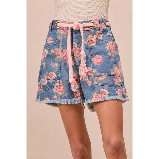 Braided Waist Belt Floral Denim Shorts