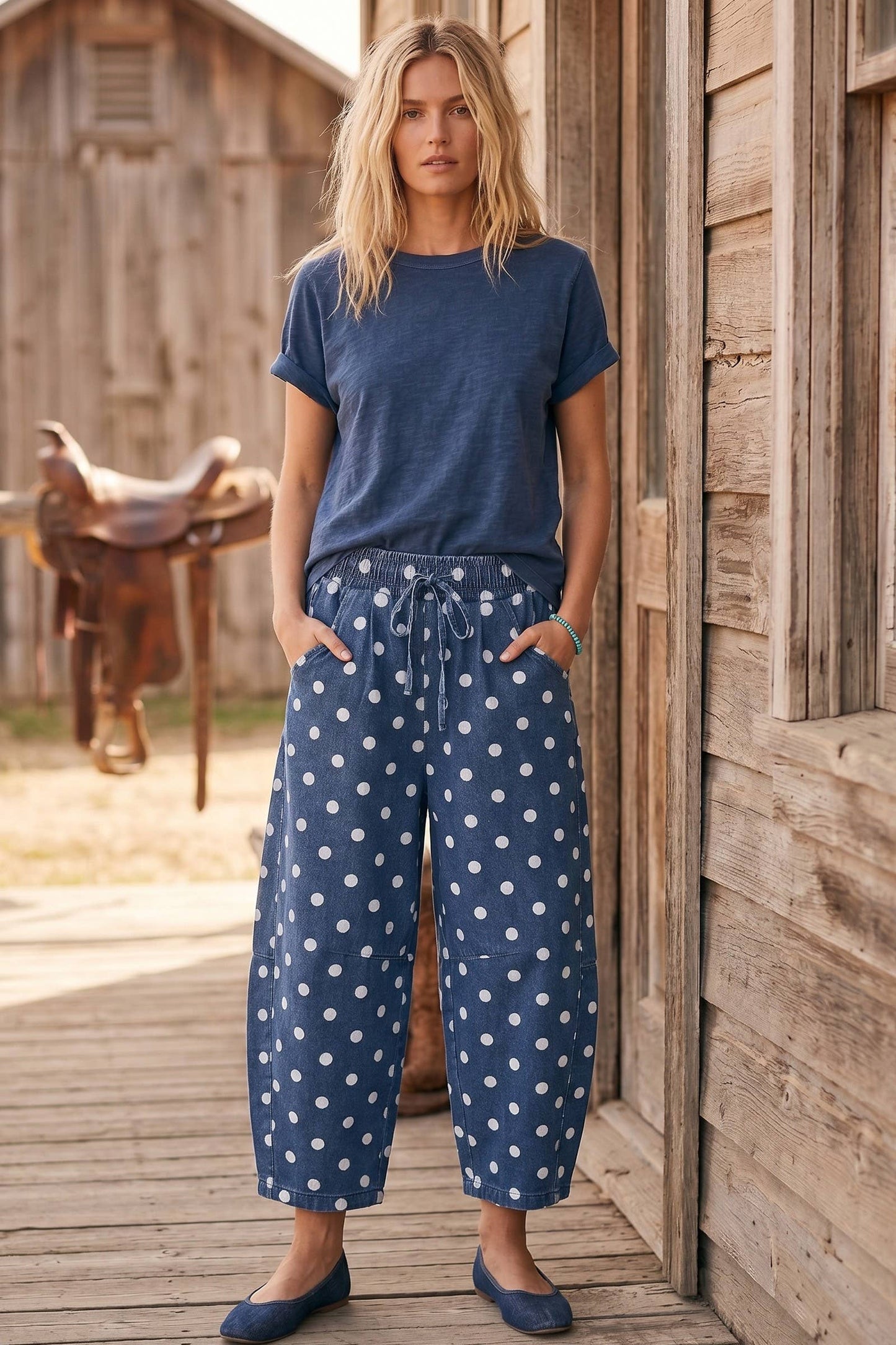 Dark Wash Polka Dot Denim Barrel Pants