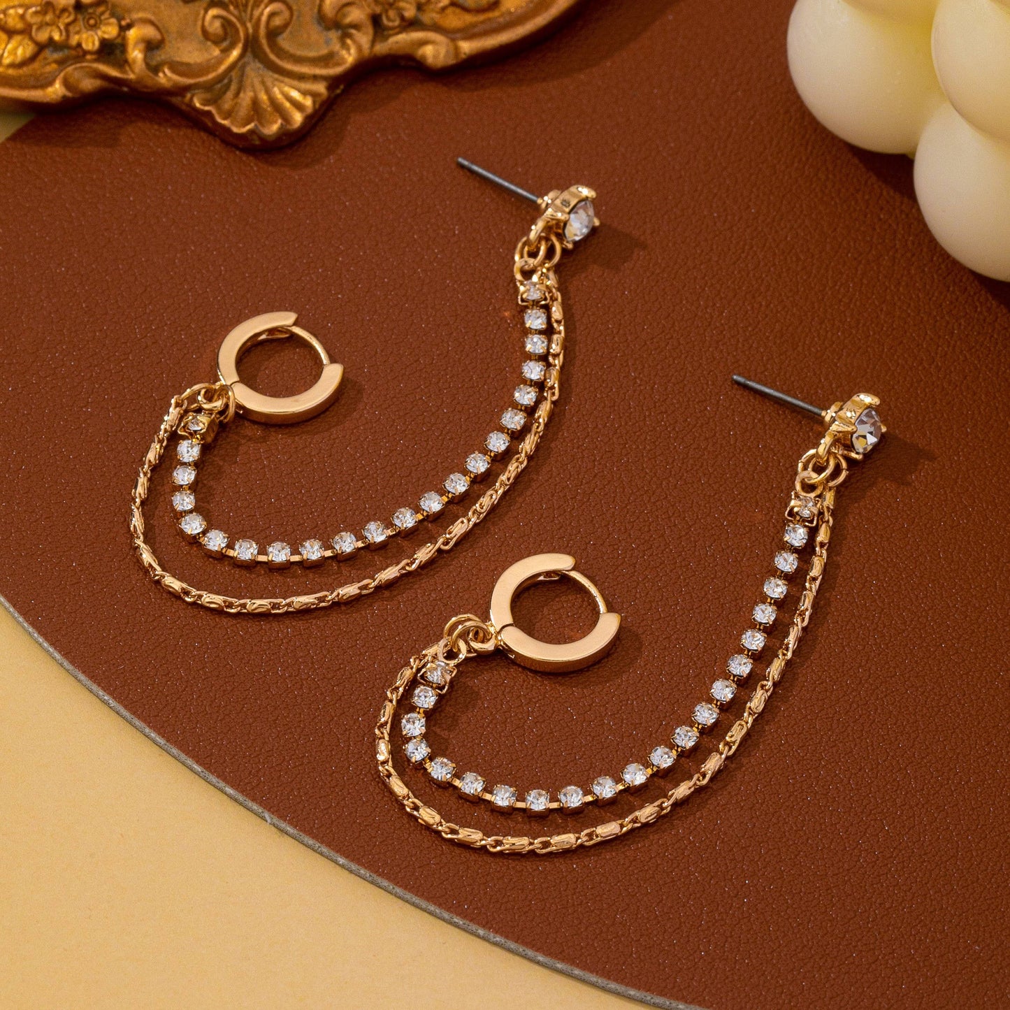 Rhinestone & Gold Double Chain Drapes Drop Earrings